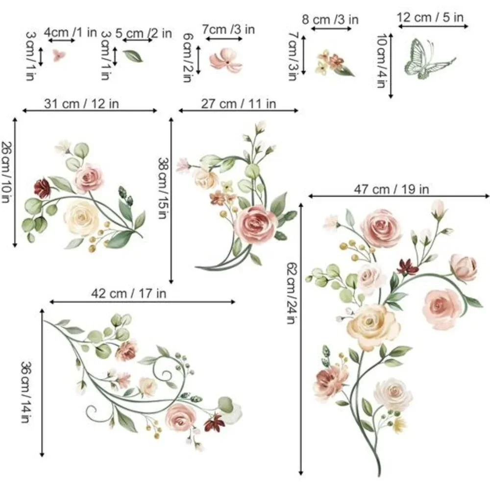 Rose Vine Wall Stickers Watercolor Floral Peel Stick Bedroom Living Room